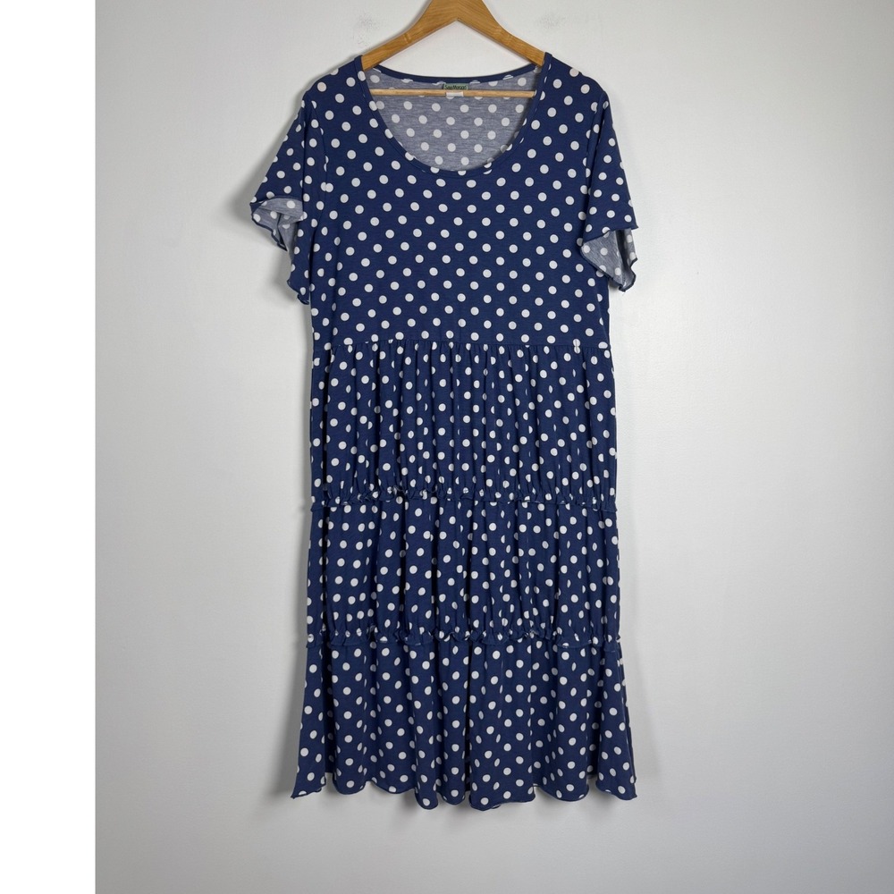 Cottagecore Sara Morgan Women LG Tiered Dress Navy Blue Polka Dot Flutter Sleeve